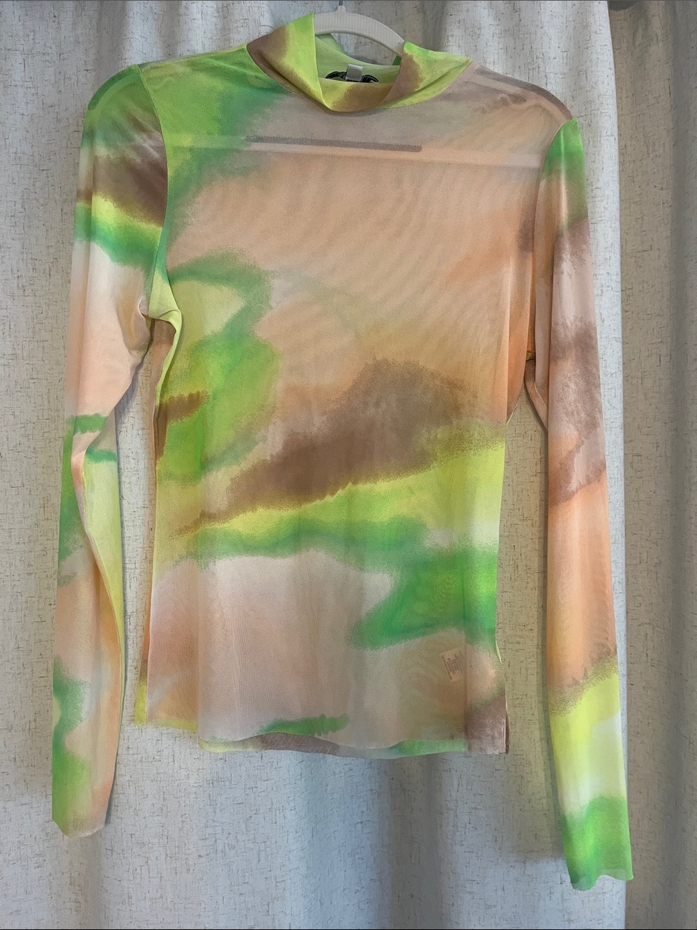 AFRM Long Sleeve Sheer Mock Neck Top in Green & Peach Tie-Dye